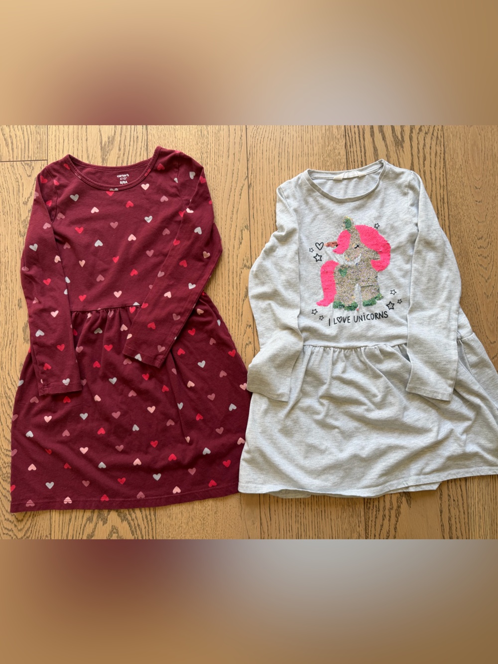 Carter's H&M Set of 2 Girls Long-Sleeve Dresses, Hearts & Sequin Unicorn Sz 6-8
